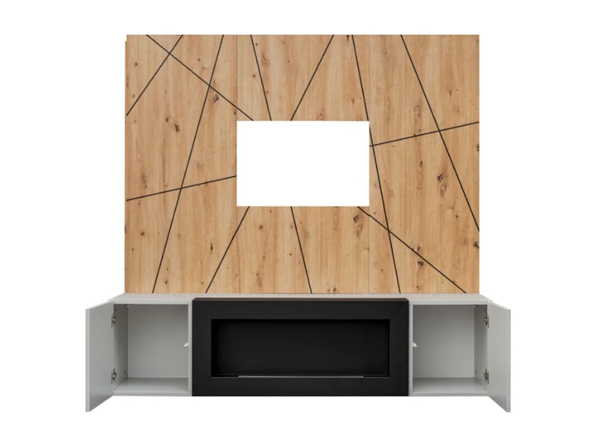 Composition murale IXAR géométrique – Meuble TV + panneaux muraux décoratifs + cheminée bio-éthanol