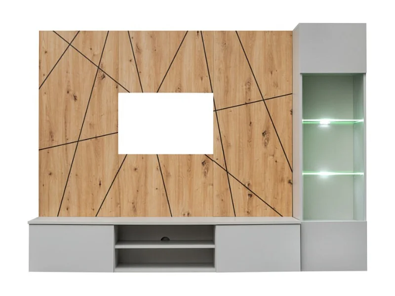 Composição de parede IXAR geométrica – Móvel para TV + vitrine suspensa + painéis decorativos