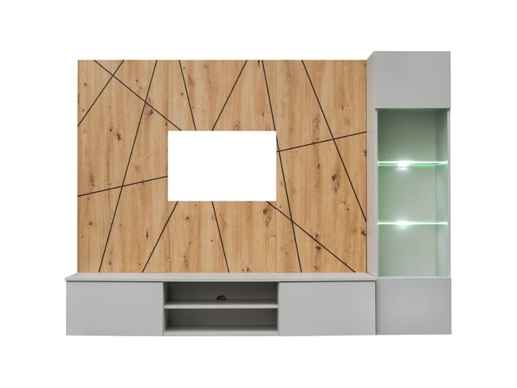 Composition murale IXAR géométrique – Meuble TV + vitrine suspendue + panneaux décoratifs