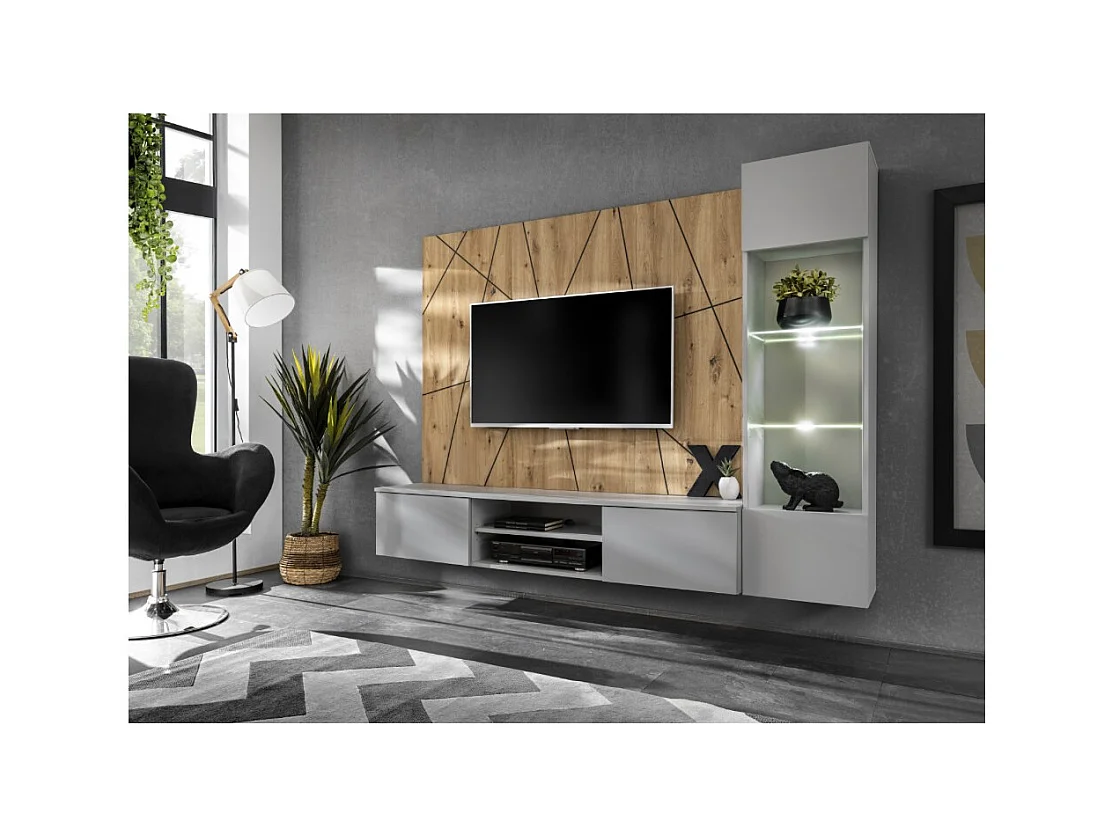 Composition murale IXAR géométrique – Meuble TV + vitrine suspendue + panneaux décoratifs