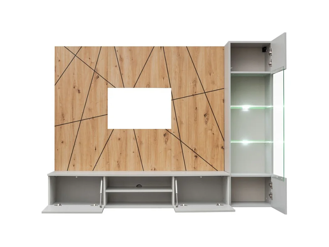 Composição de parede IXAR geométrica – Móvel para TV + vitrine suspensa + painéis decorativos