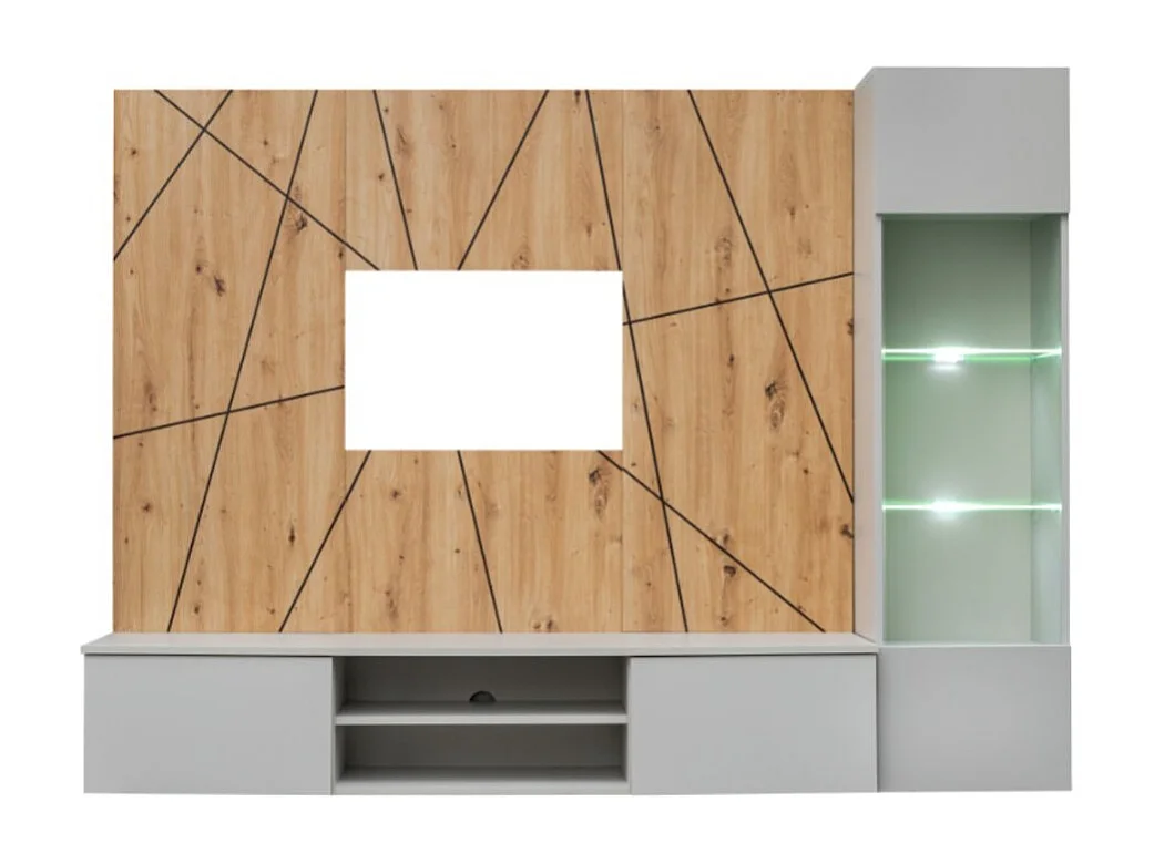 Composition murale IXAR géométrique – Meuble TV + vitrine suspendue + panneaux décoratifs