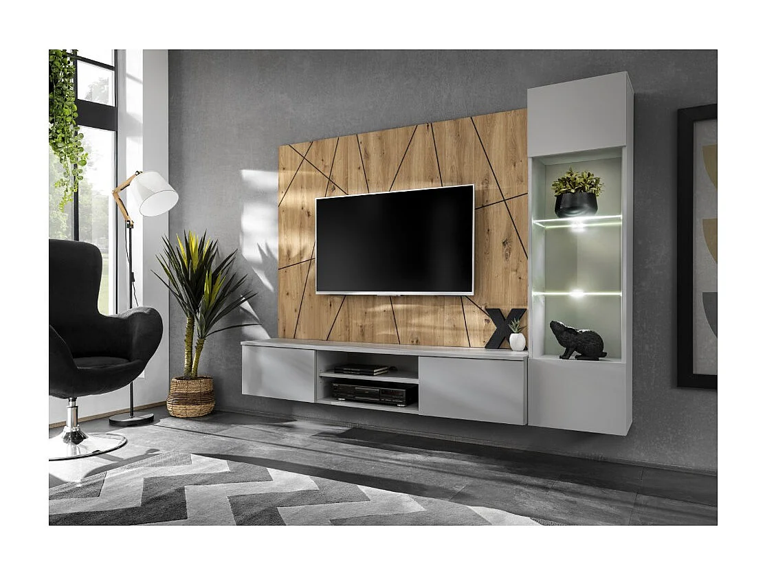 Composition murale IXAR géométrique – Meuble TV + vitrine suspendue + panneaux décoratifs