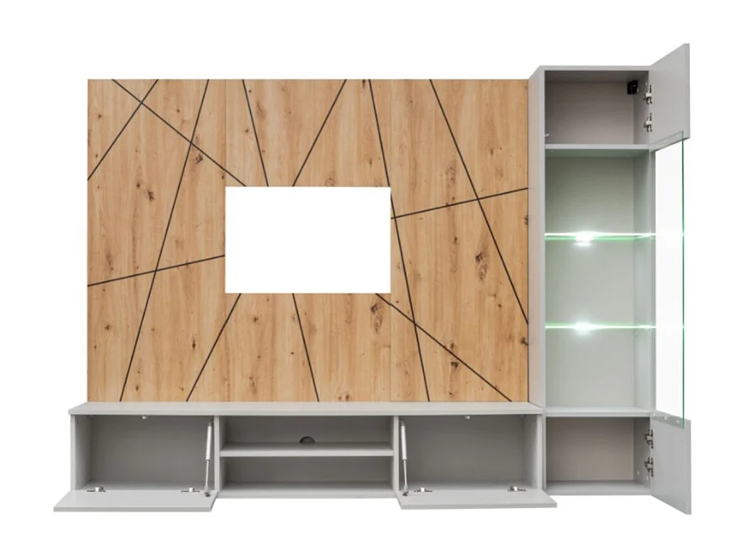 Composition murale IXAR géométrique – Meuble TV + vitrine suspendue + panneaux décoratifs