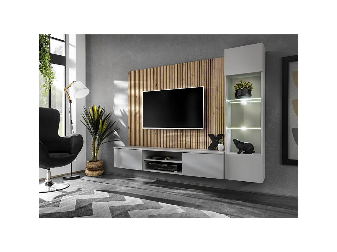 Composition murale IXAR – Meuble TV et vitrine suspendue – Avec LED