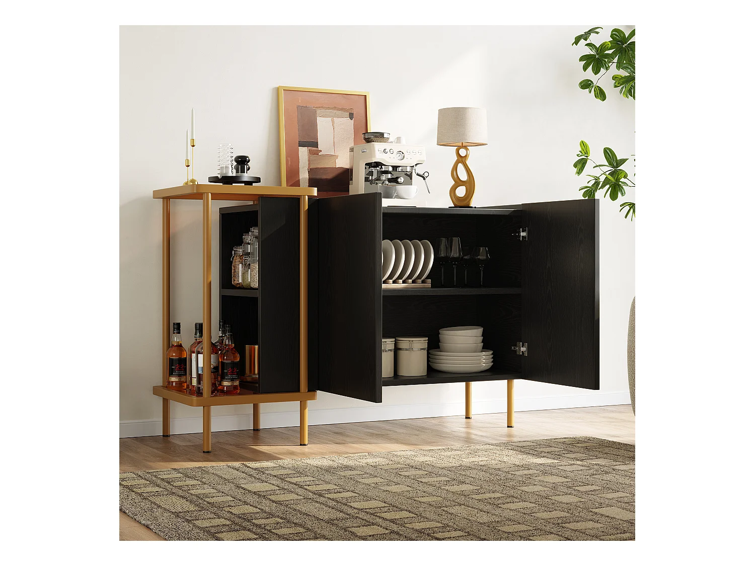 Schwarzes Sideboard - Sideboard mit 2 Türen und 2 offenen Fächern - Metallbeine - verdeckte Türgriffe