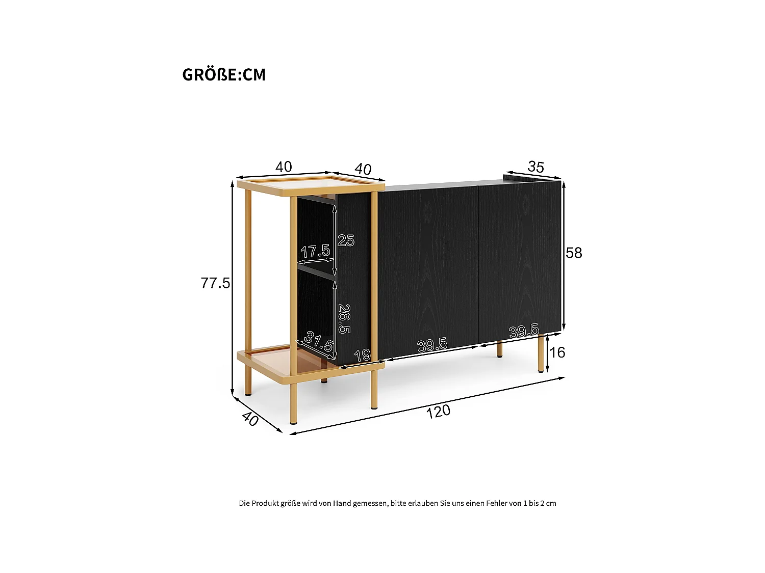 Schwarzes Sideboard - Sideboard mit 2 Türen und 2 offenen Fächern - Metallbeine - verdeckte Türgriffe