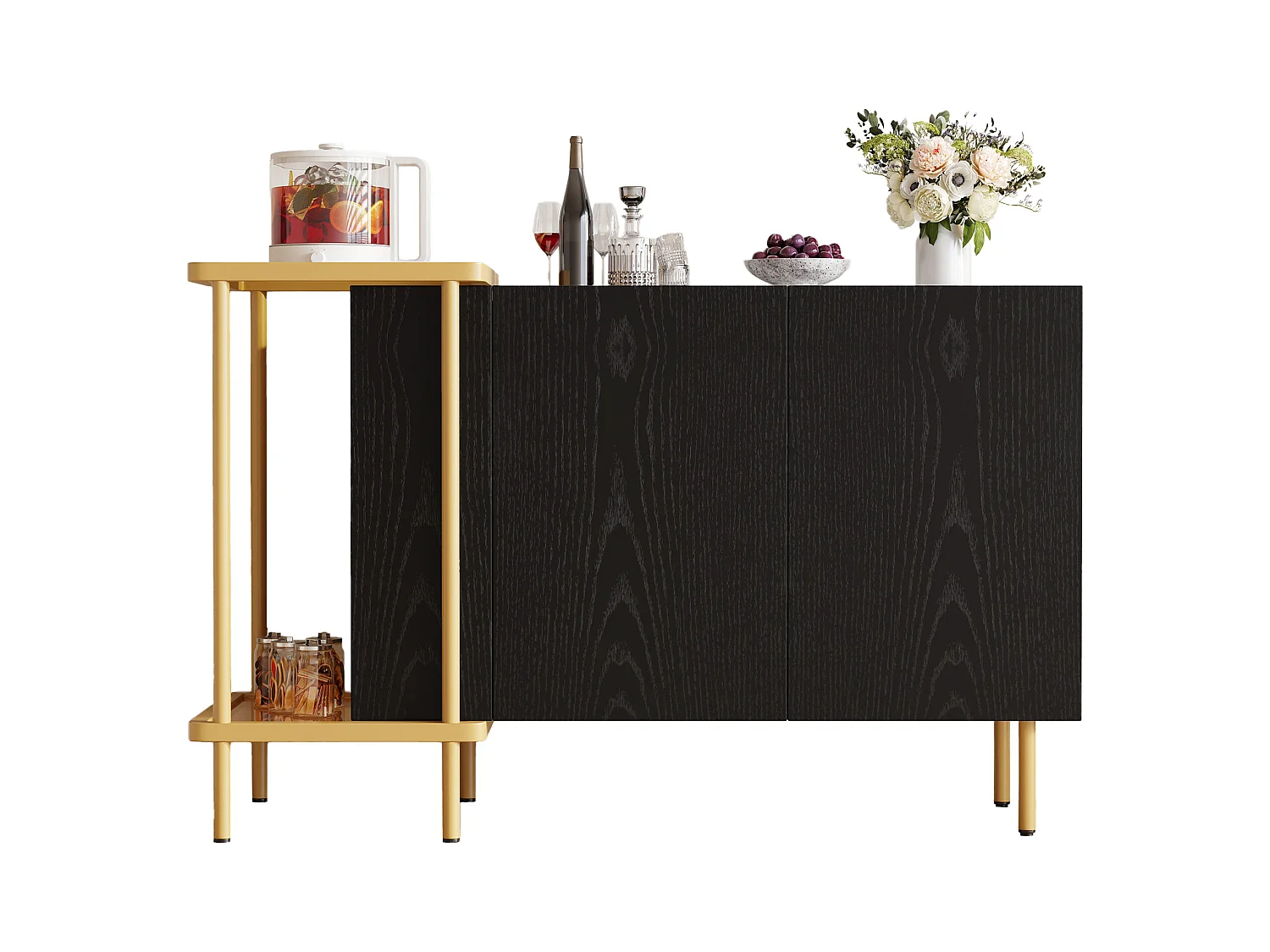 Schwarzes Sideboard - Sideboard mit 2 Türen und 2 offenen Fächern - Metallbeine - verdeckte Türgriffe
