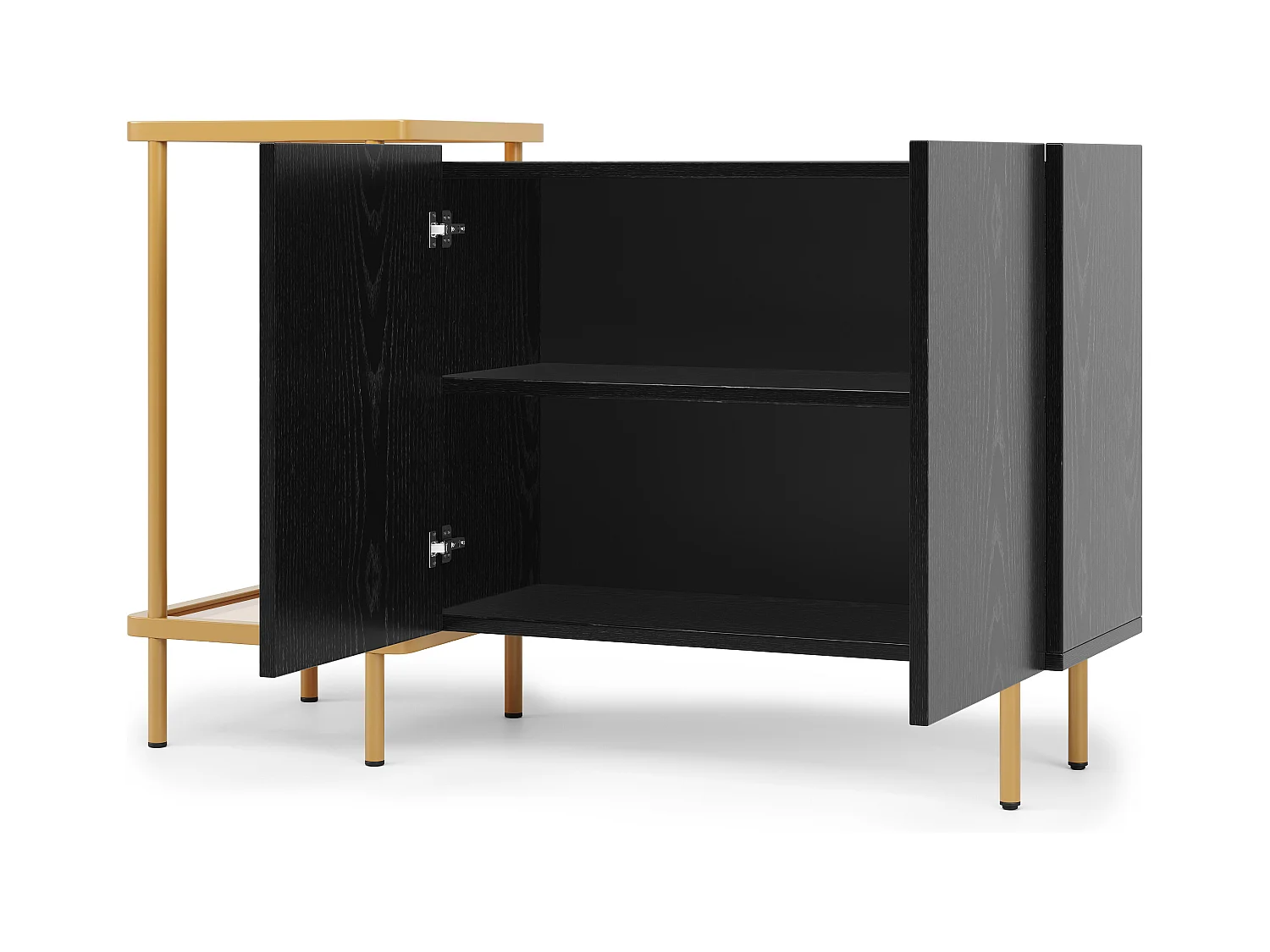 Schwarzes Sideboard - Sideboard mit 2 Türen und 2 offenen Fächern - Metallbeine - verdeckte Türgriffe