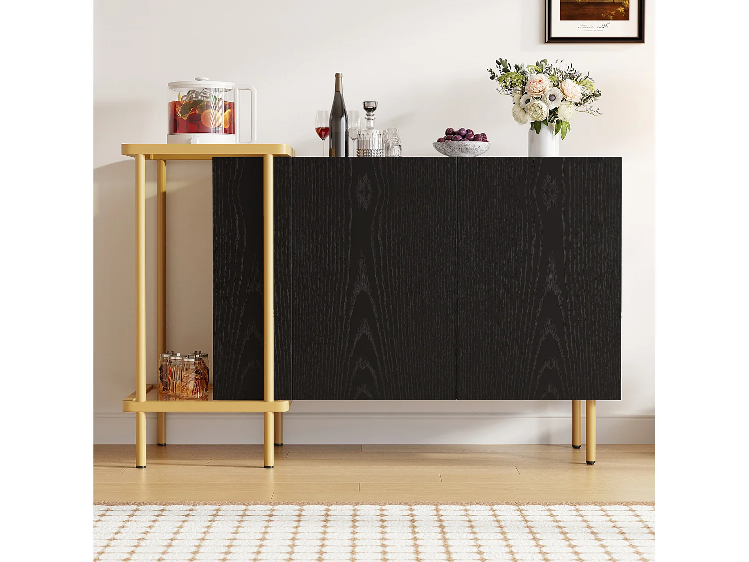 Credenza nera - Credenza con 2 ante e 2 vani a giorno - gambe in metallo - maniglie delle ante nascoste