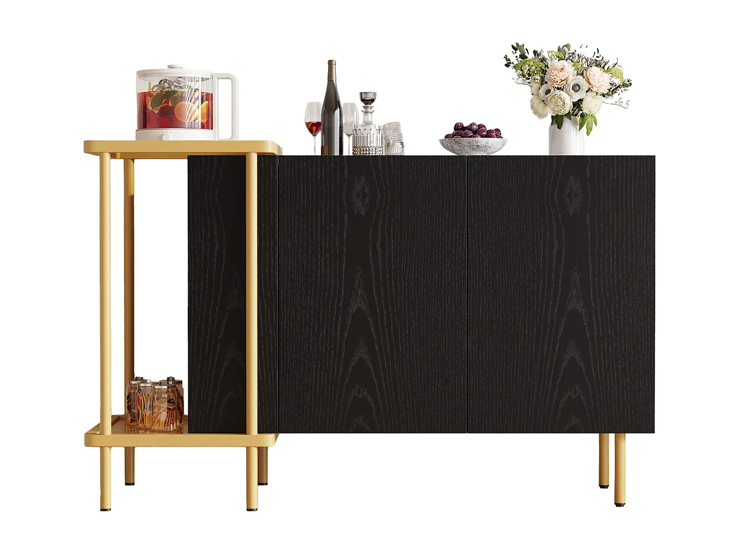 Credenza nera - Credenza con 2 ante e 2 vani a giorno - gambe in metallo - maniglie delle ante nascoste