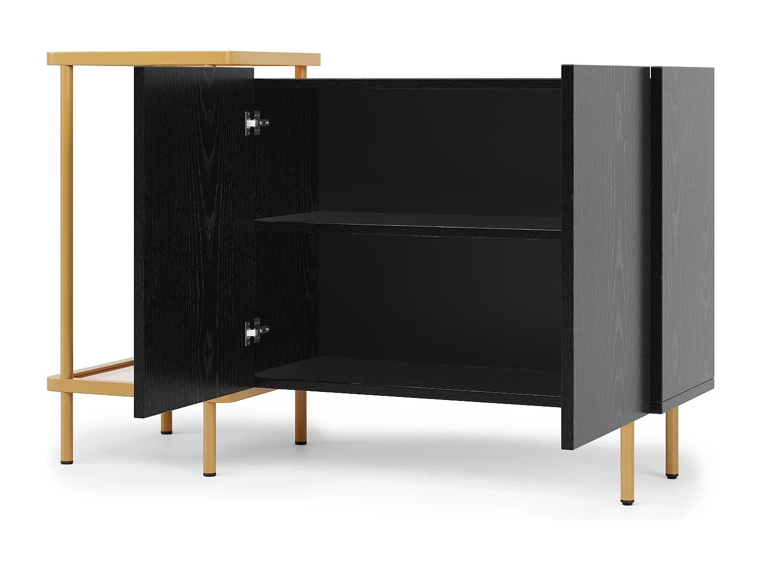Credenza nera - Credenza con 2 ante e 2 vani a giorno - gambe in metallo - maniglie delle ante nascoste