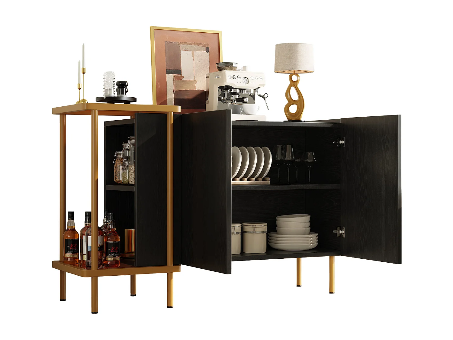 Credenza nera - Credenza con 2 ante e 2 vani a giorno - gambe in metallo - maniglie delle ante nascoste