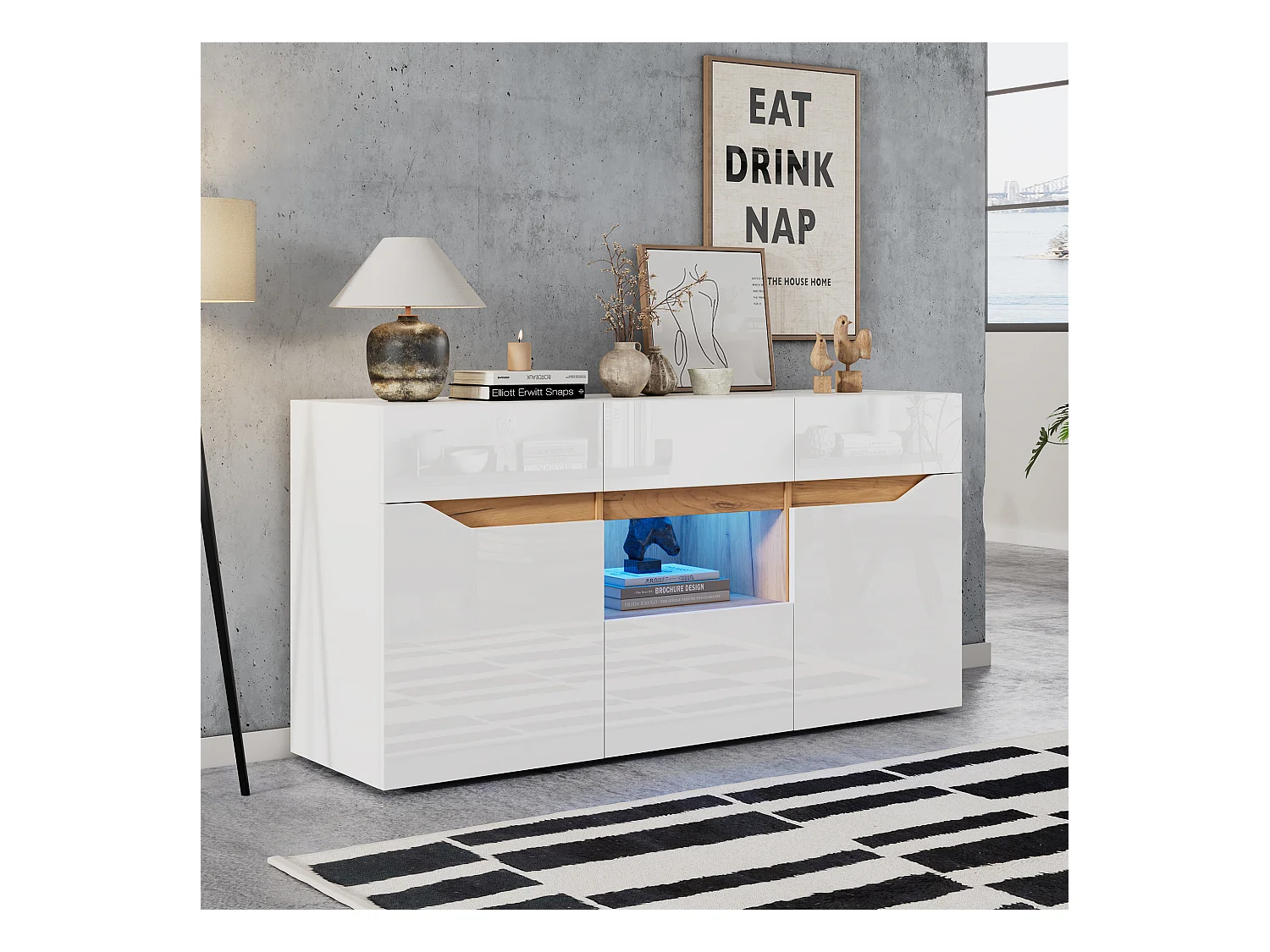 Buffet blanc et bois - Buffet 4 tiroirs et 2 portes - eclairage LED et rangement ouvert