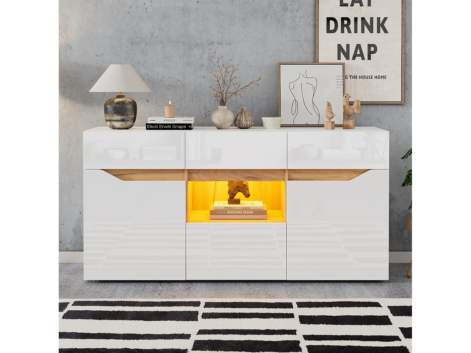 Buffet blanc et bois - Buffet 4 tiroirs et 2 portes - eclairage LED et rangement ouvert