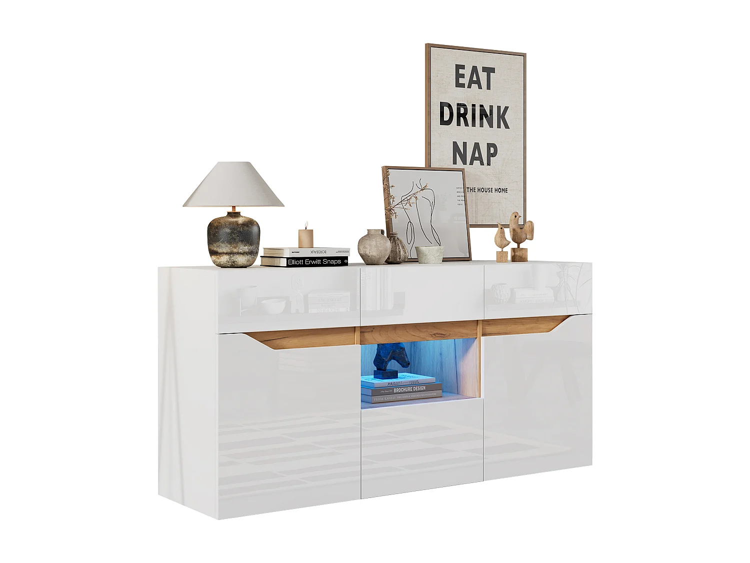 Buffet blanc et bois - Buffet 4 tiroirs et 2 portes - eclairage LED et rangement ouvert