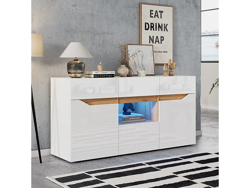 Buffet blanc et bois - Buffet 4 tiroirs et 2 portes - eclairage LED et rangement ouvert