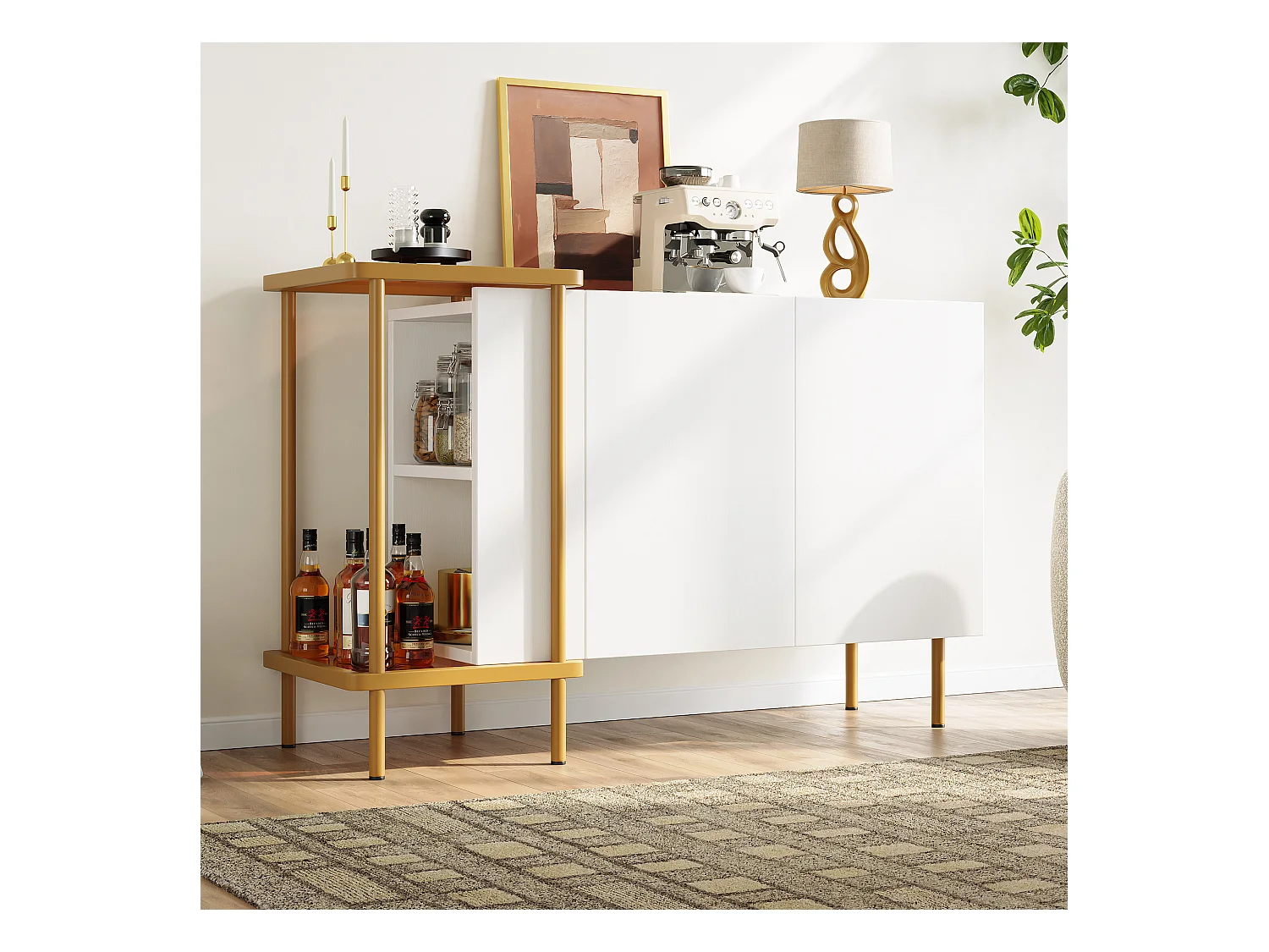 Weißes Sideboard - Sideboard mit 2 Türen und 2 offenen Fächern - Metallbeine - verdeckte Türgriffe