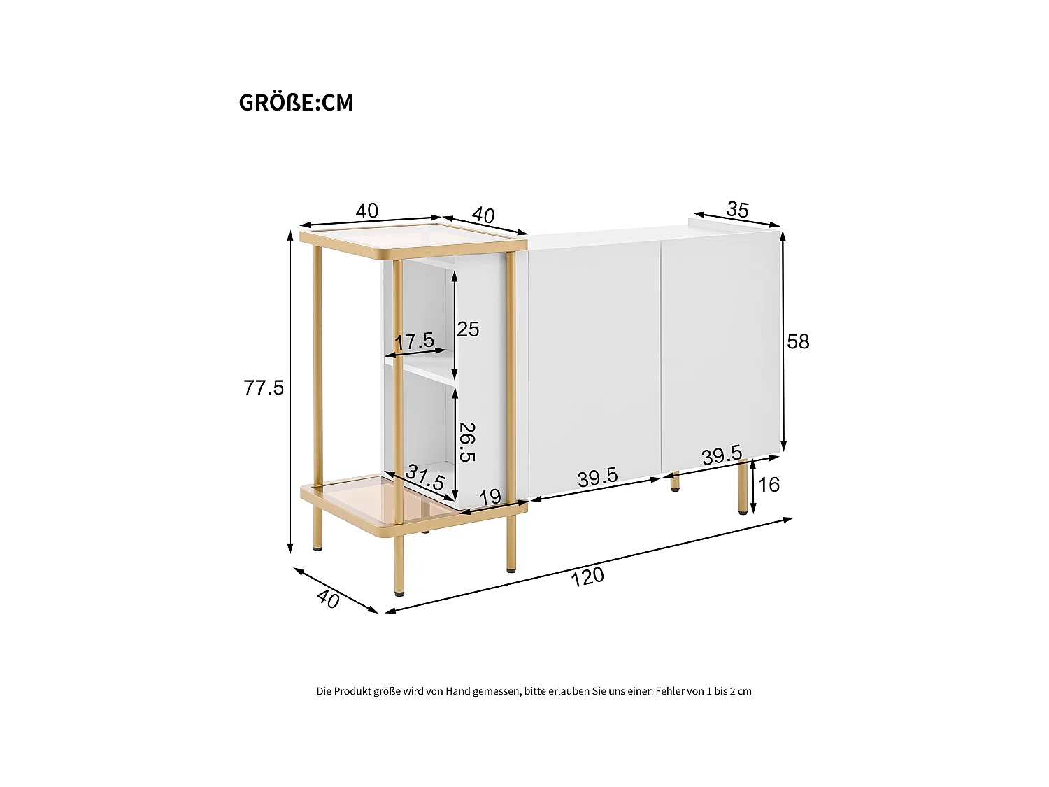 Weißes Sideboard - Sideboard mit 2 Türen und 2 offenen Fächern - Metallbeine - verdeckte Türgriffe