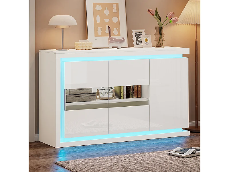 Credenza bianca lucida - Credenza a 3 ante con illuminazione a LED - ante in vetro temperato