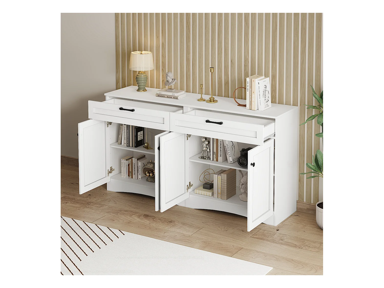 Credenza bianca con maniglie nere - credenza a 2 cassetti e 4 ante - design curvo