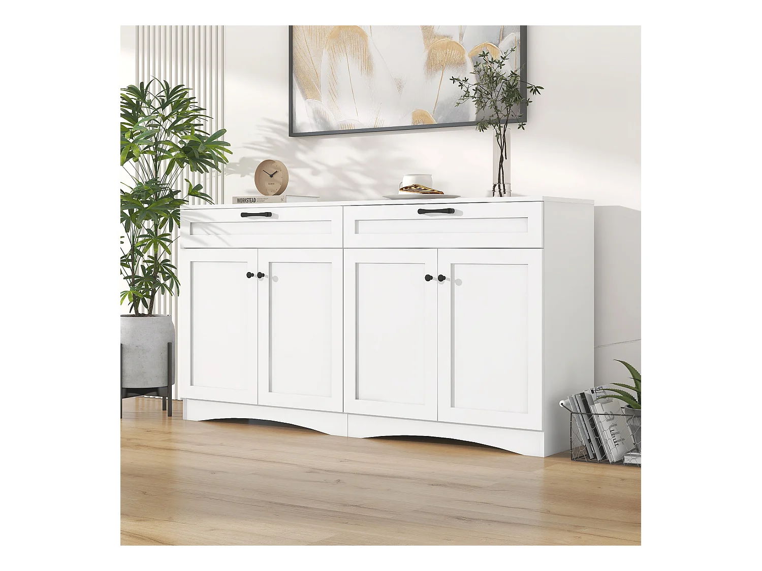Buffet blanc avec poignées noires - Buffet 2 tiroirs et 4 portes - design incurvé