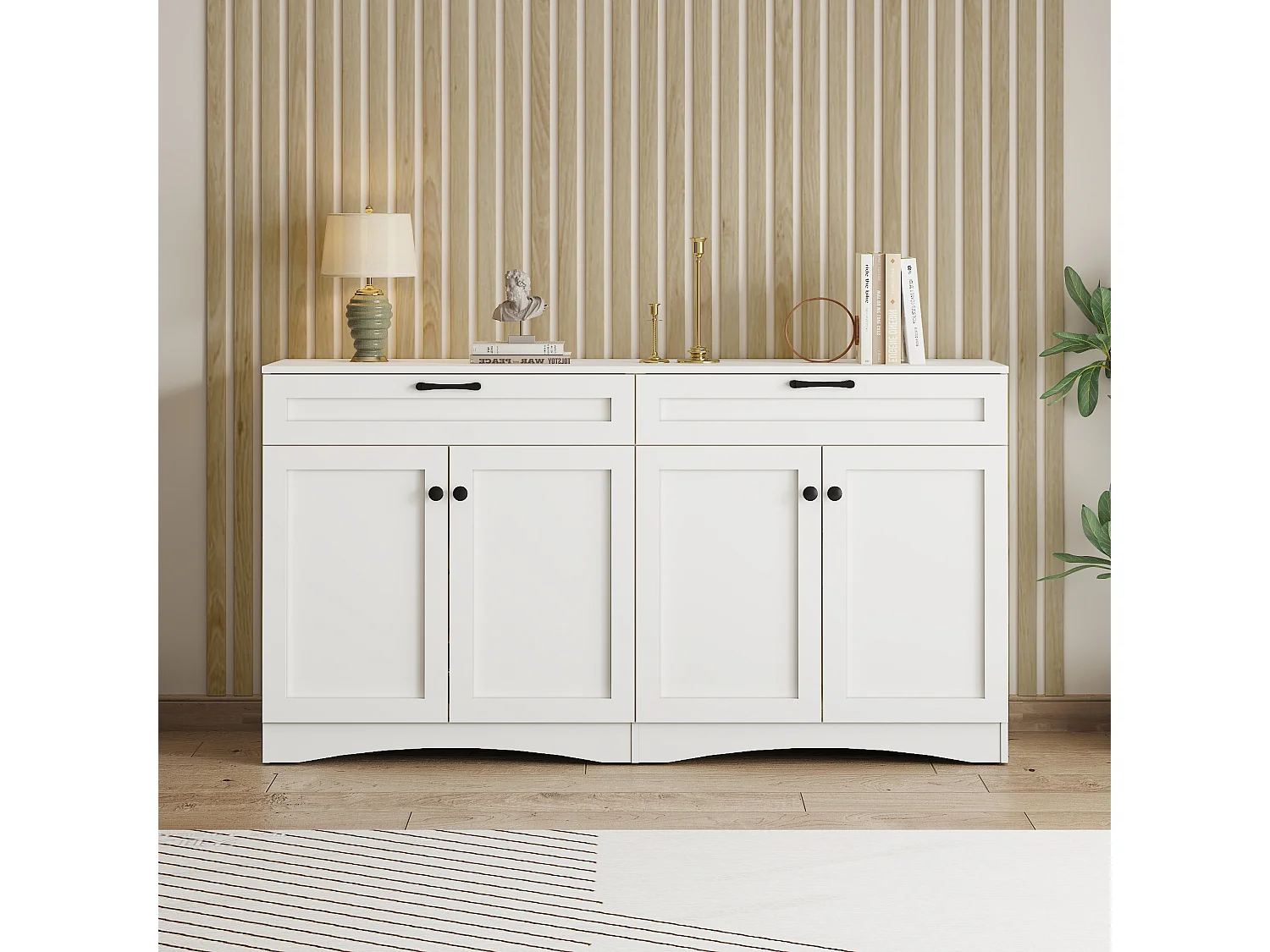 Aparador blanco con tiradores negros - Aparador de 2 cajones y 4 puertas - diseño curvo