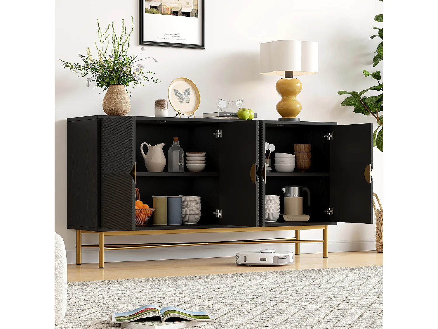 Schwarzes Sideboard - Sideboard mit 4 Türen und goldenen Griffen - glänzende Beine