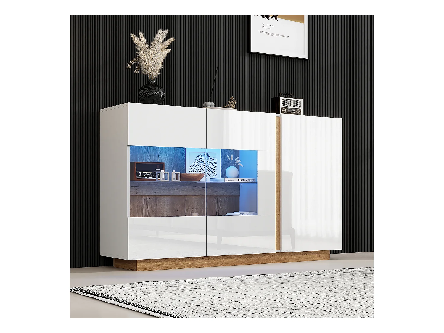 Buffet blanc brillant - Commode 3 portes avec éclairage LED - piètement en bois