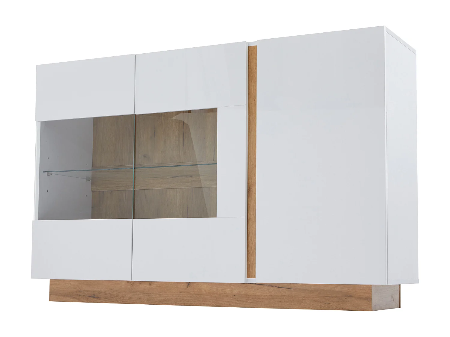 Buffet blanc brillant - Commode 3 portes avec éclairage LED - piètement en bois