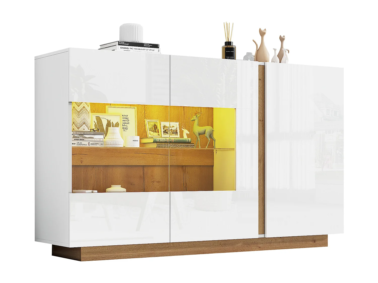 Buffet blanc brillant - Commode 3 portes avec éclairage LED - piètement en bois