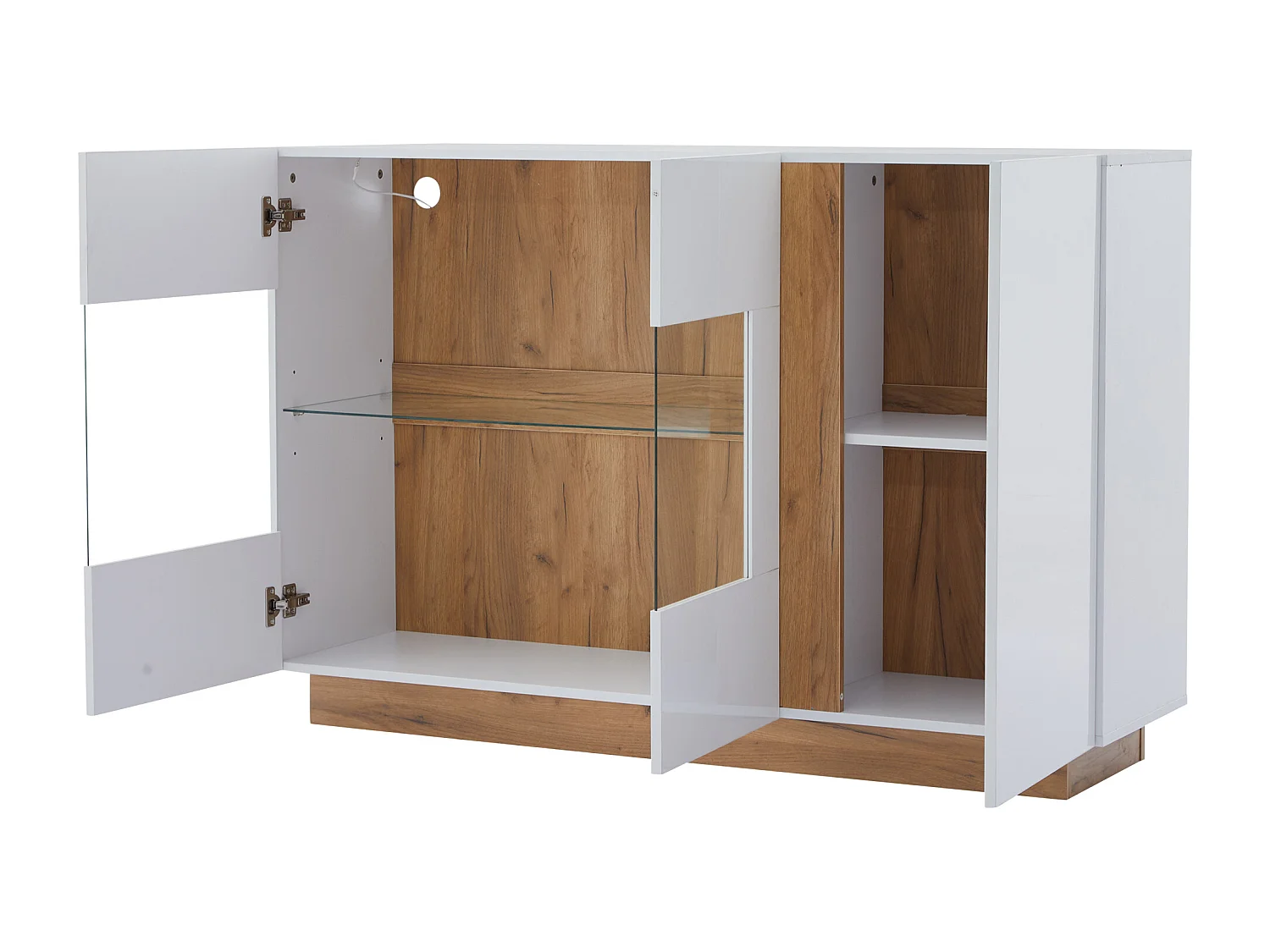 Buffet blanc brillant - Commode 3 portes avec éclairage LED - piètement en bois