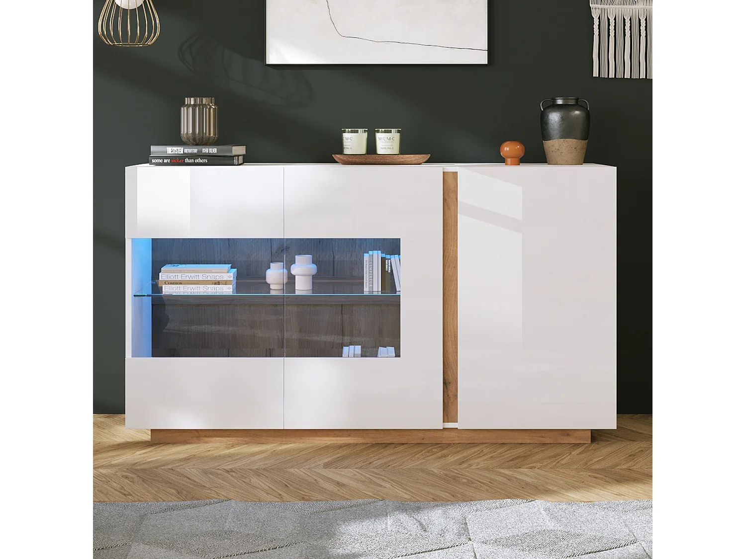 Buffet blanc brillant - Commode 3 portes avec éclairage LED - piètement en bois