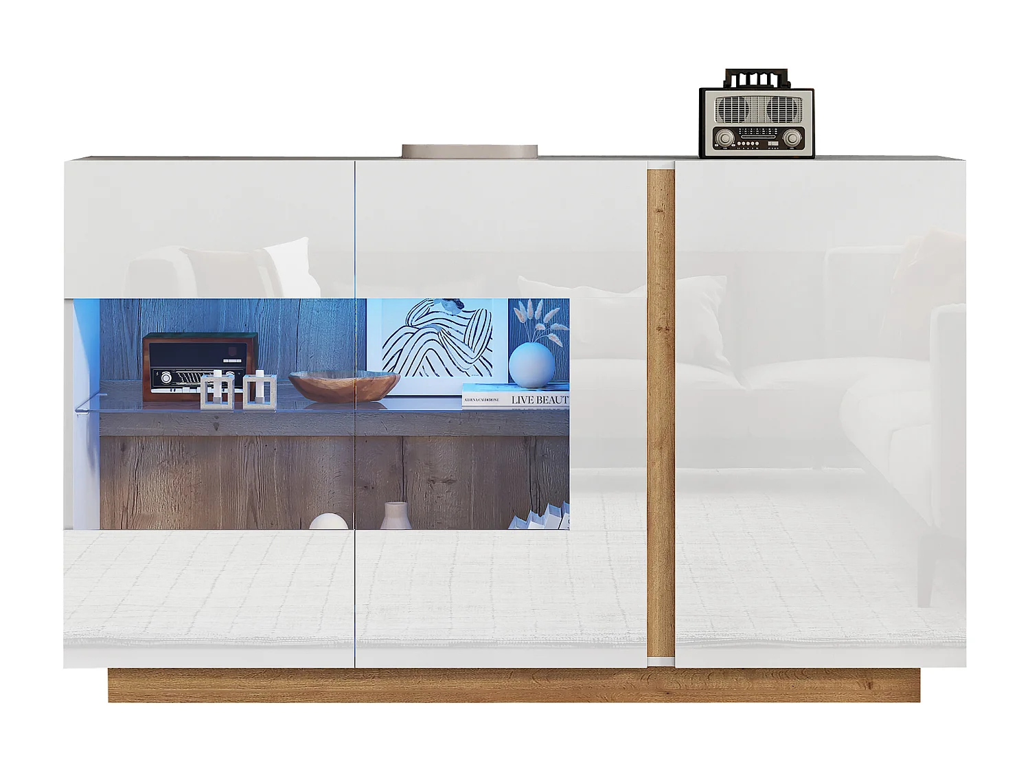 Buffet blanc brillant - Commode 3 portes avec éclairage LED - piètement en bois