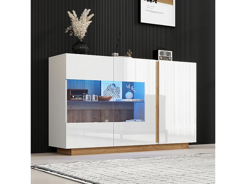 Buffet blanc brillant - Commode 3 portes avec éclairage LED - piètement en bois