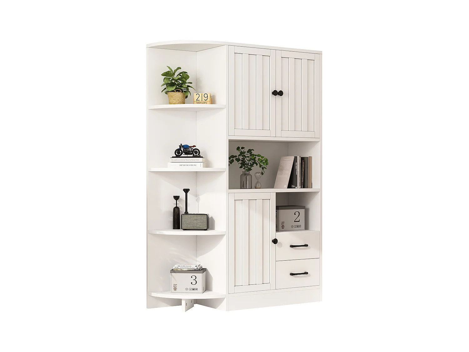 Buffet haut blanc à 3 portes - Buffet à 2 tiroirs et 6 rangements ouverts - 3 réglables en hauteur