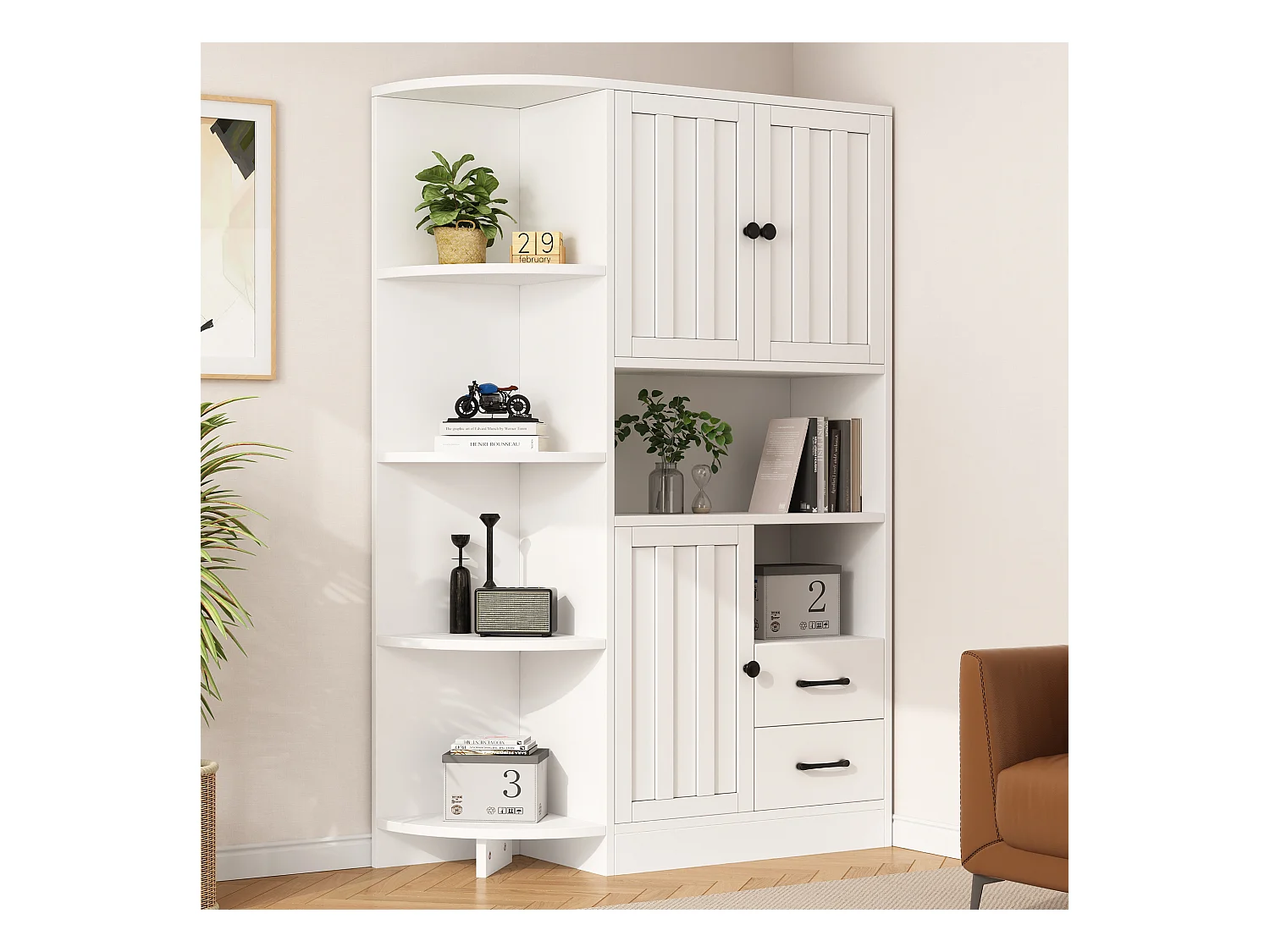 Buffet haut blanc à 3 portes - Buffet à 2 tiroirs et 6 rangements ouverts - 3 réglables en hauteur