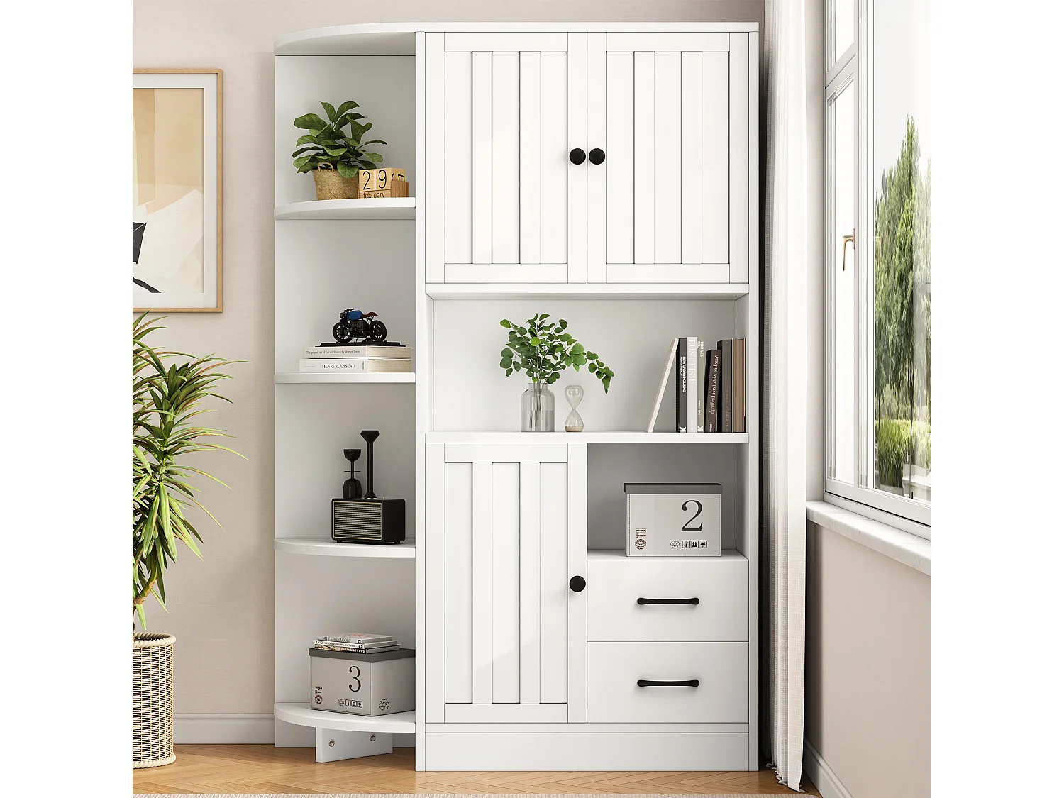 Buffet haut blanc à 3 portes - Buffet à 2 tiroirs et 6 rangements ouverts - 3 réglables en hauteur