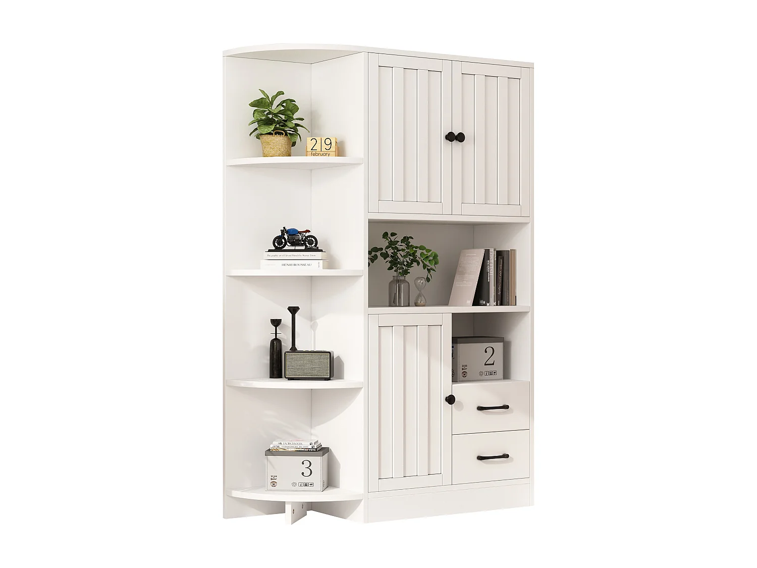 Buffet haut blanc à 3 portes - Buffet à 2 tiroirs et 6 rangements ouverts - 3 réglables en hauteur