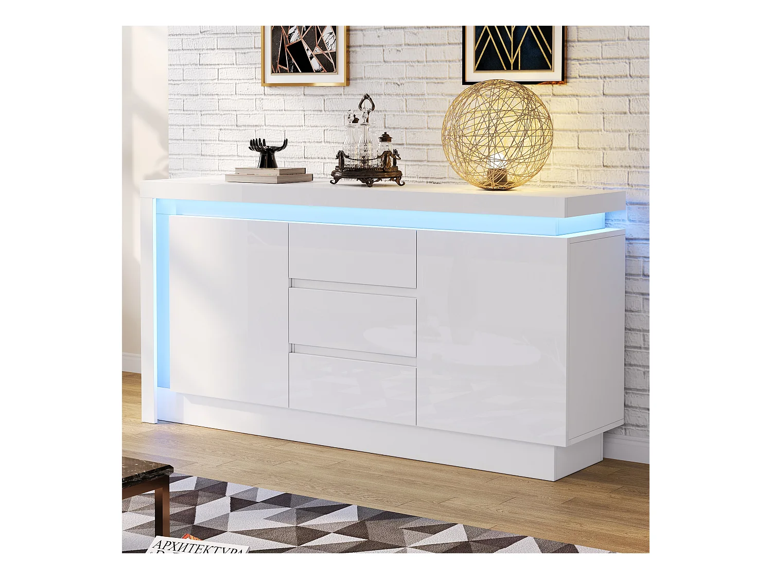 Buffet blanc brillant à 3 tiroirs - Buffet à 2 portes avec éclairage LED - etagères réglables