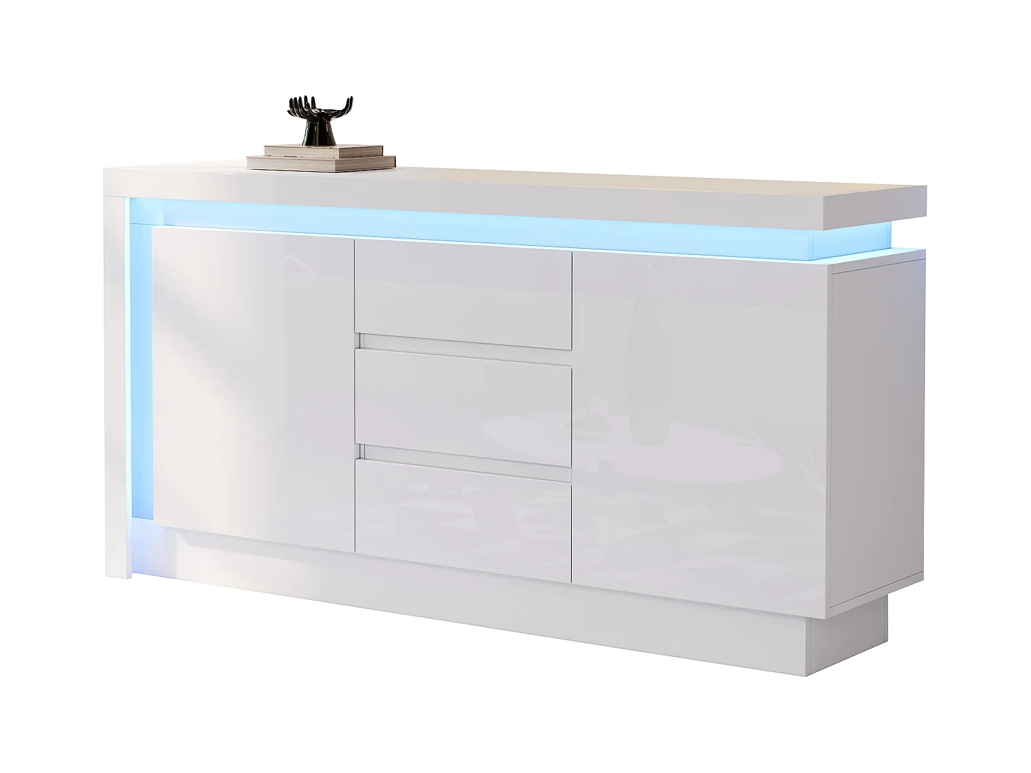 Buffet blanc brillant à 3 tiroirs - Buffet à 2 portes avec éclairage LED - etagères réglables