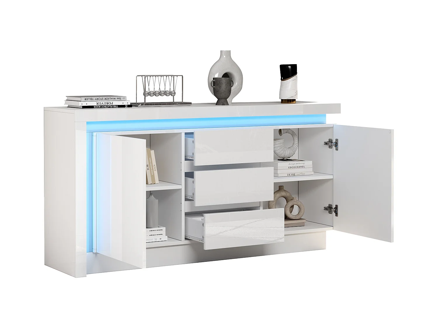 Buffet blanc brillant à 3 tiroirs - Buffet à 2 portes avec éclairage LED - etagères réglables