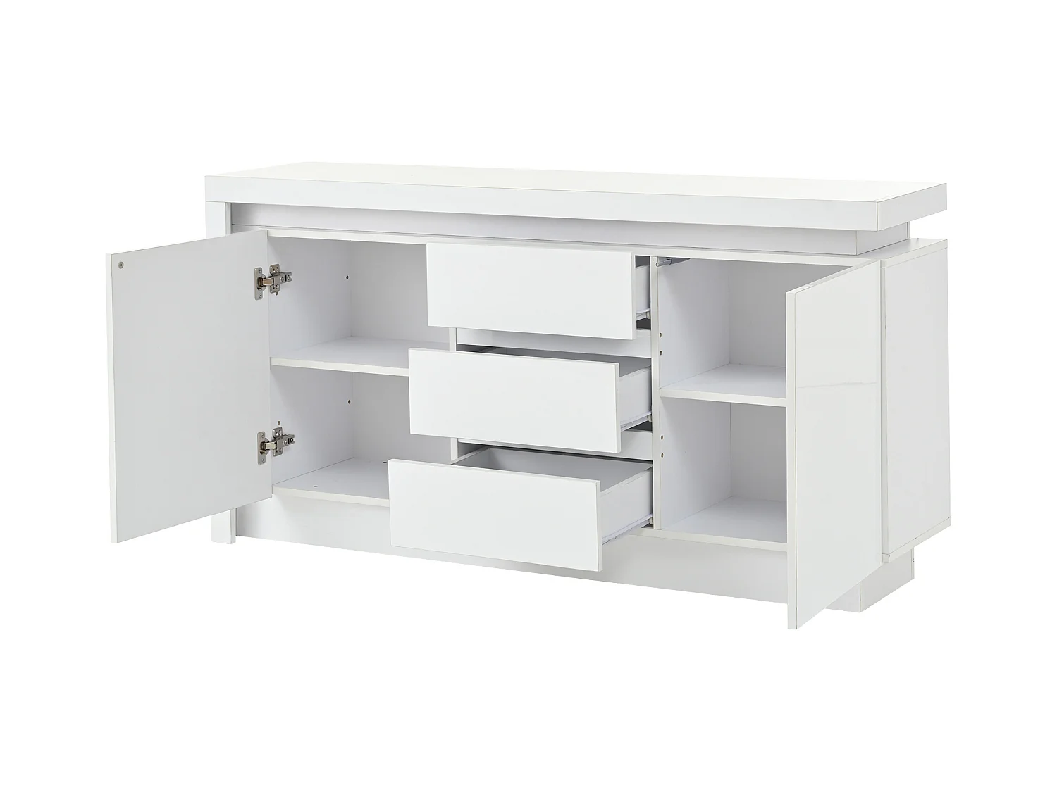 Buffet blanc brillant à 3 tiroirs - Buffet à 2 portes avec éclairage LED - etagères réglables