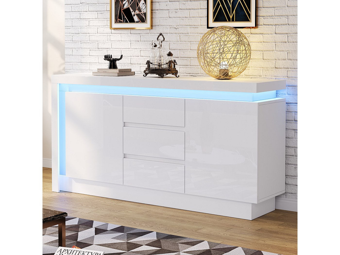 Sideboard in Weiß Hochglanz mit 3 Schubladen – Sideboard mit 2 Türen ...