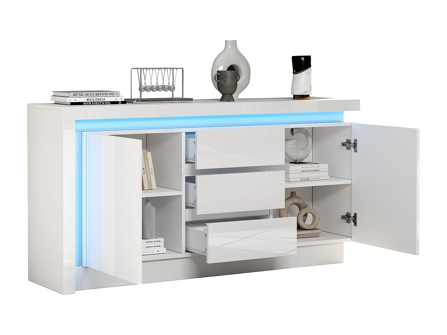 Wit hoogglans dressoir met 3 lades - dressoir met 2 deuren, ledverlichting en verstelbare planken