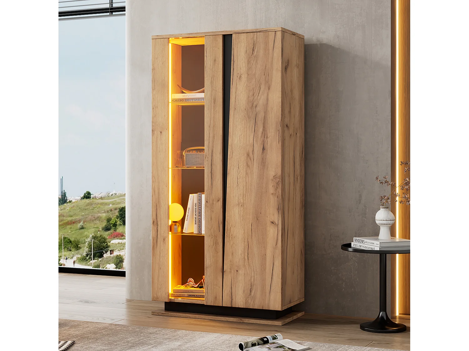 Holzvitrine mit Glastrennwand - Vitrine mit 1 Glastür und 1 Holztür - LED-Beleuchtung und 8 Einlegeböden