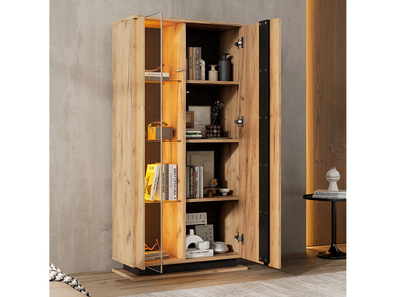 Holzvitrine mit Glastrennwand - Vitrine mit 1 Glastür und 1 Holztür - LED-Beleuchtung und 8 Einlegeböden