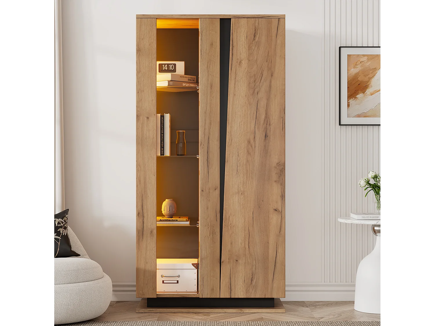 Holzvitrine mit Glastrennwand - Vitrine mit 1 Glastür und 1 Holztür - LED-Beleuchtung und 8 Einlegeböden