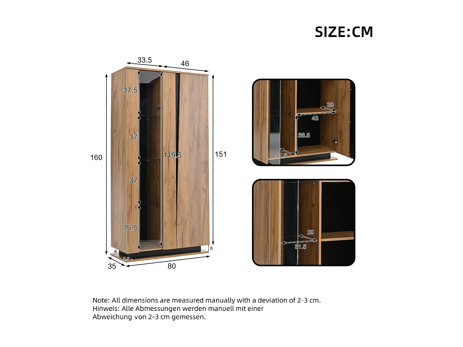Holzvitrine mit Glastrennwand - Vitrine mit 1 Glastür und 1 Holztür - LED-Beleuchtung und 8 Einlegeböden