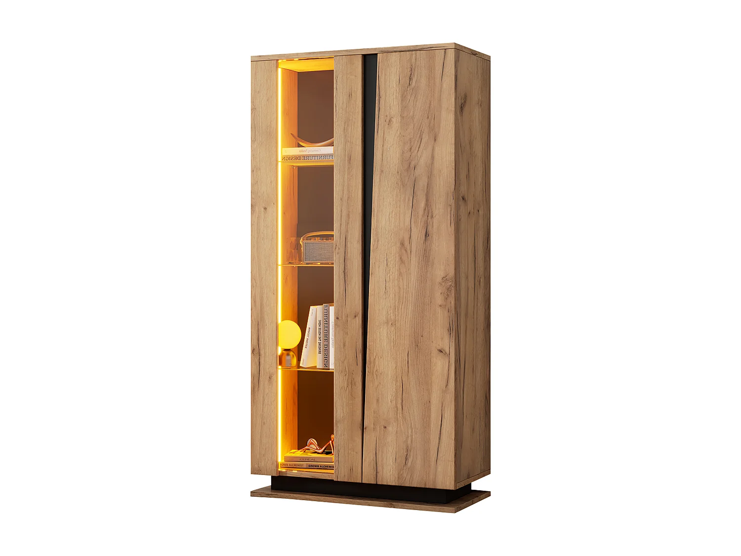 Holzvitrine mit Glastrennwand - Vitrine mit 1 Glastür und 1 Holztür - LED-Beleuchtung und 8 Einlegeböden